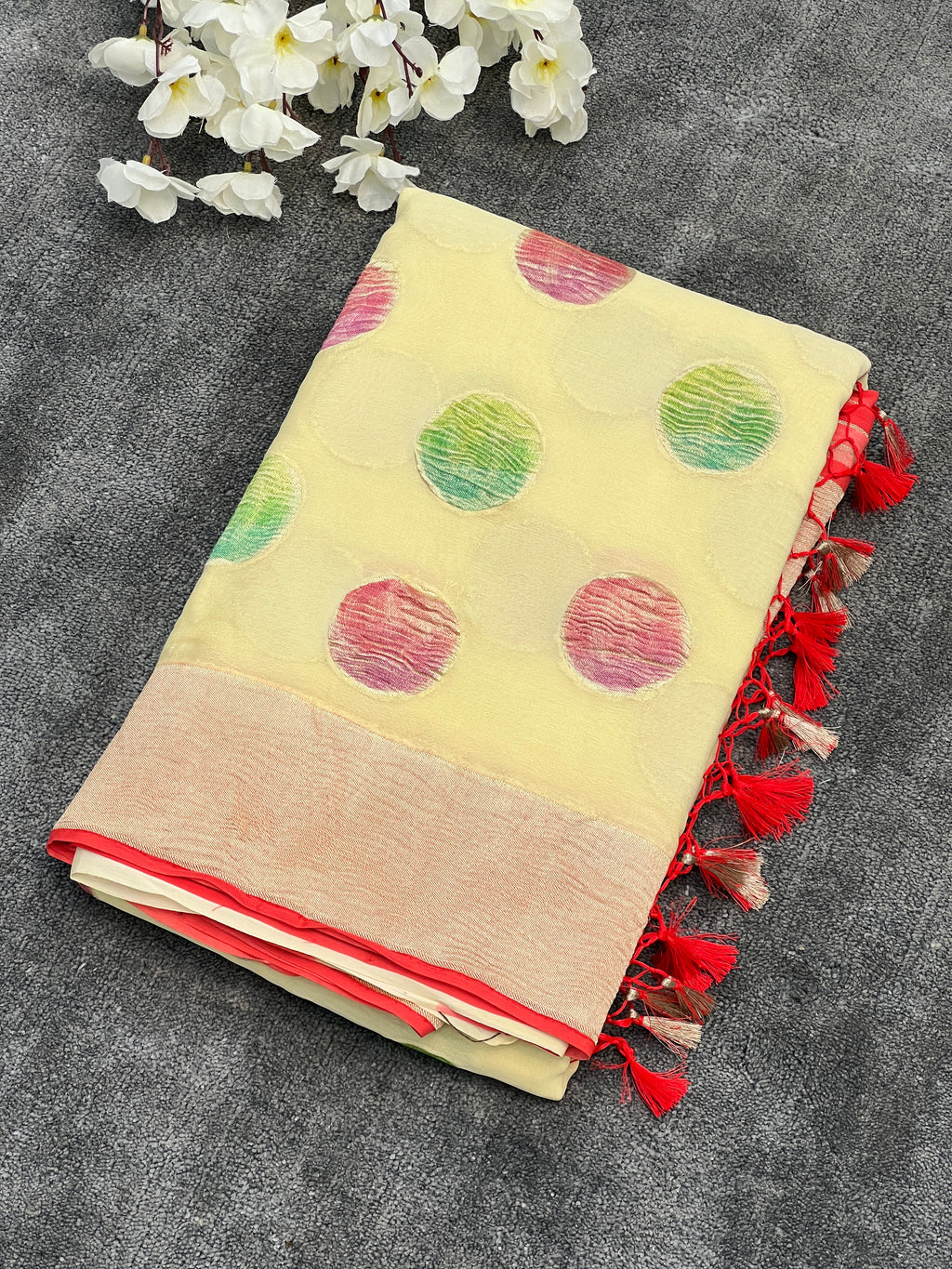 Rare Pure Chiffon Georgette Crushed Motifs Saree