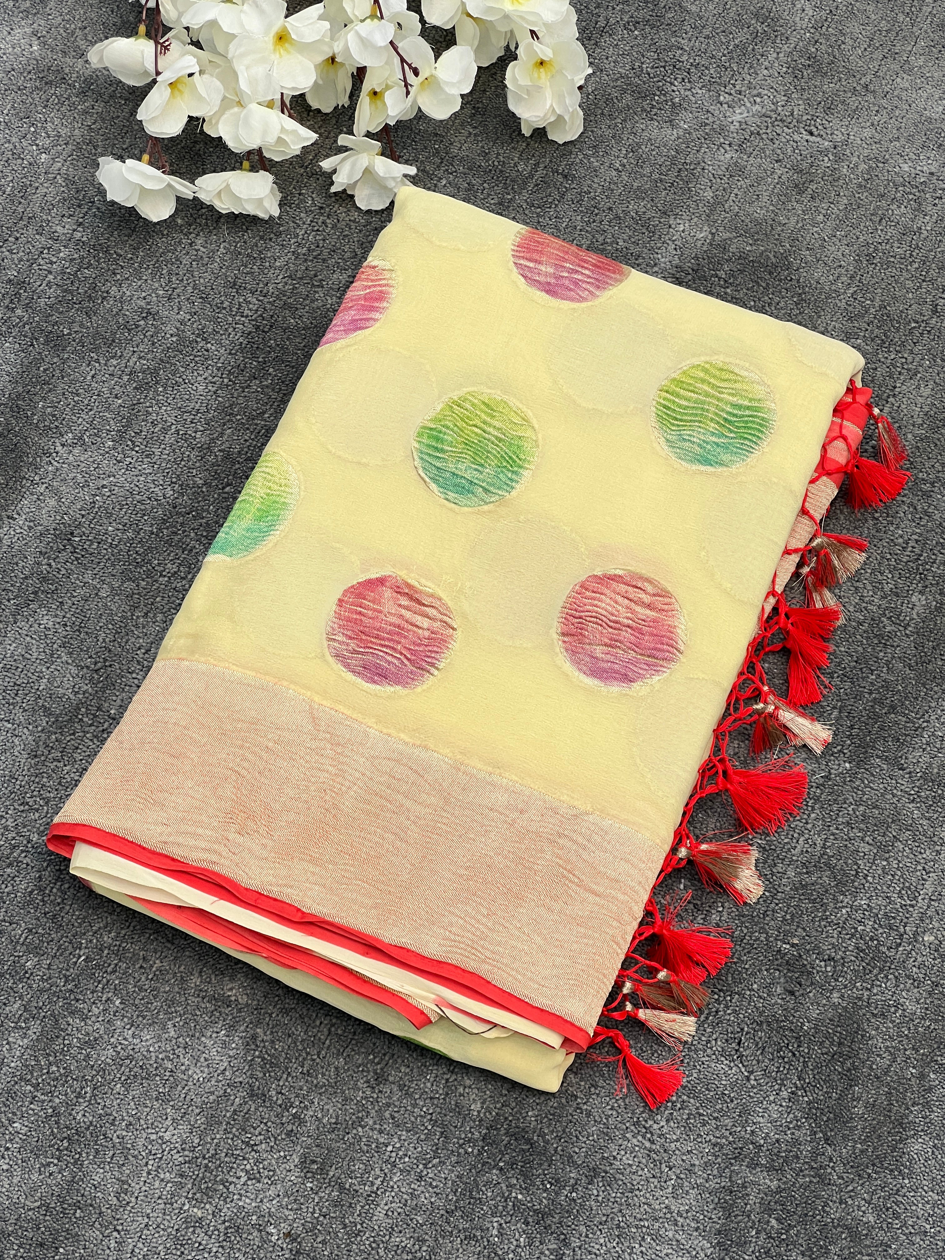 Rare Pure Chiffon Georgette Crushed Motifs Saree